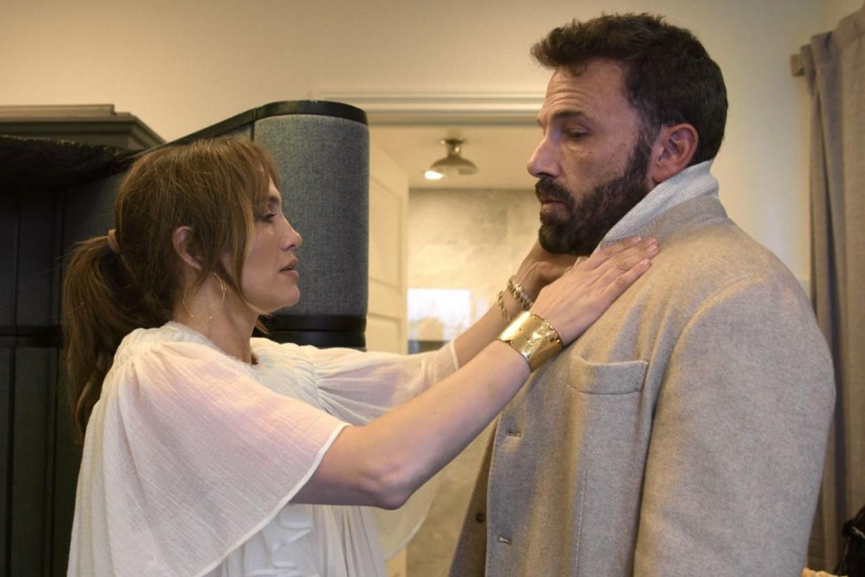 <p>Amazon Prime</p> Jennifer Lopez and Ben Affleck in the documentary 