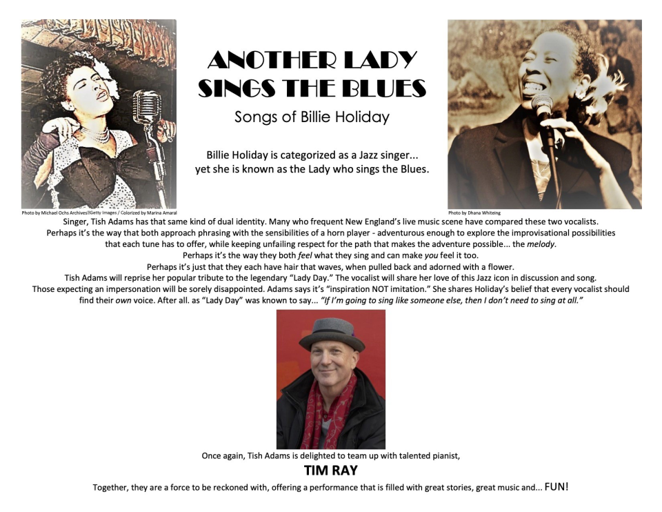 Poster for "Another Lady Sings the Blues: Songs of Billie Holiday," Tish Adam's Billie Holiday show she will be performing at Jazztastic on March 16.