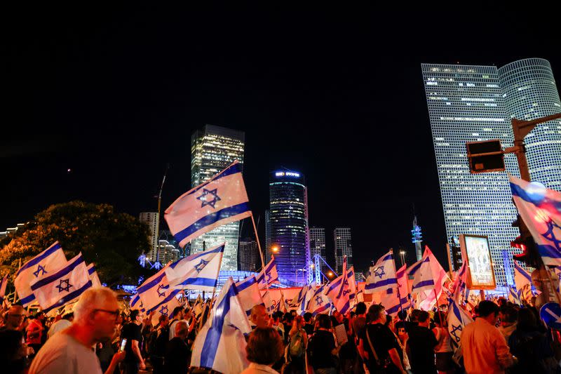 People demonstrate on 'Day of Disruption' in protest against Israel's judicial overhaul, in Tel Aviv