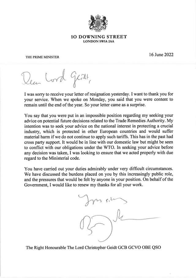 A Downing Street handout photo of the resignation letter by Boris Johnson to Lord Christopher Geidt 