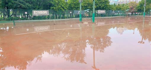 中央公園民生網球場2天水還沒退。（圖／翻攝臉書公民割草行動）