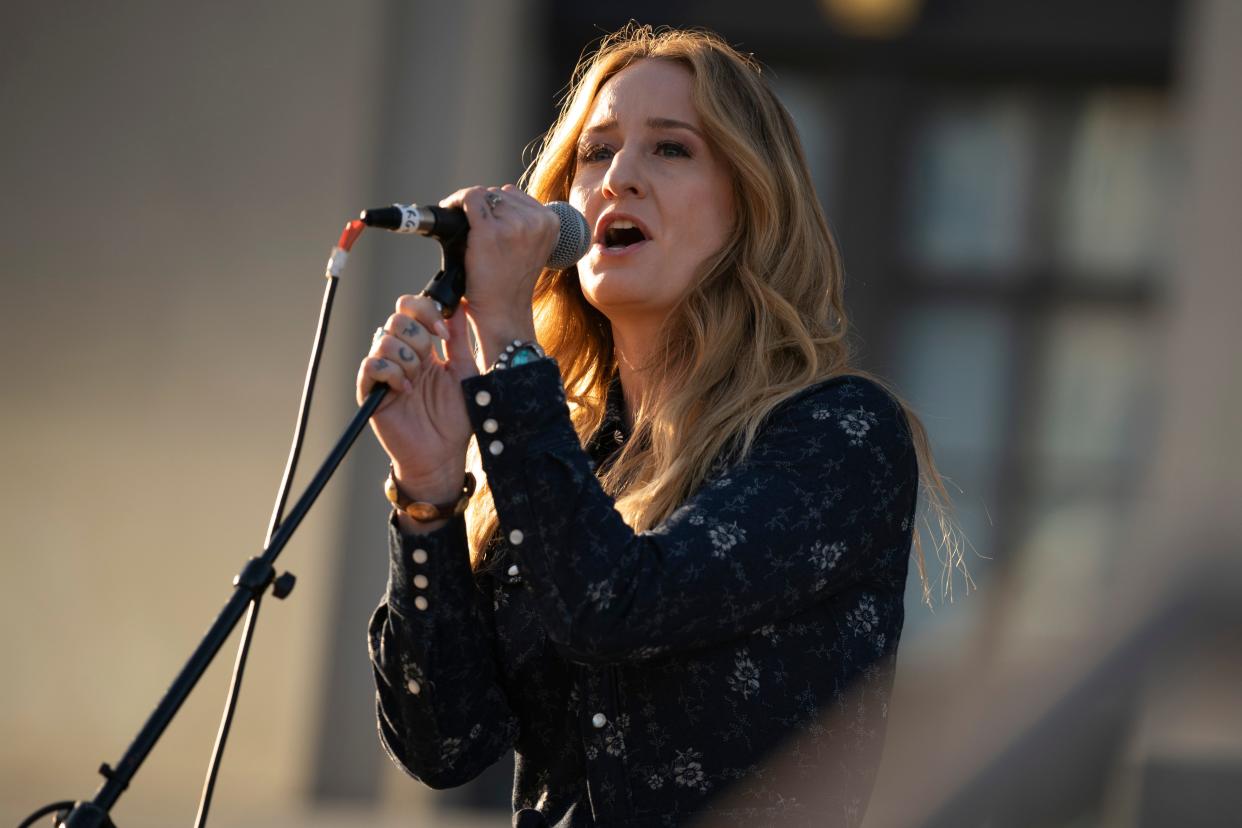 Margo Price performs during the Nashville Remembers candlelight vigil to mourn and honor the victims of The Covenant School mass shooting at Public Square Park Wednesday, March 29, 2023 in Nashville, Tenn. 