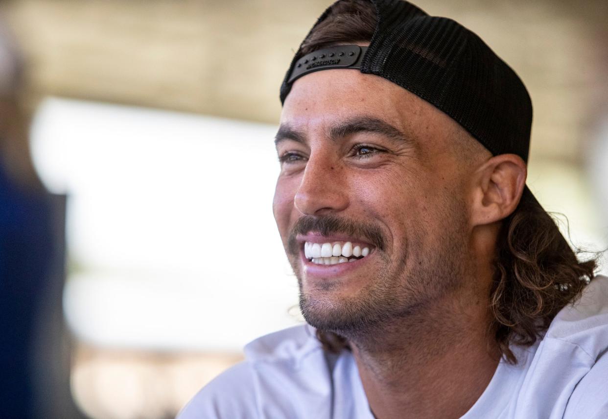 Professional pickleball player Tyson McGuffin smiles during a media interview during the USA Pickleball National Championships in Indian Wells, Calif., Wednesday, Nov. 9, 2022. 