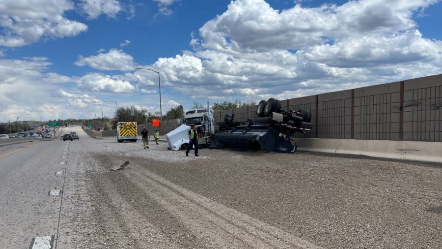 Gravel covered Interstate 70 Friday afternoon after a semi-truck crashed near Kipling Street. (Photo: Wheat Ridge Police Department)