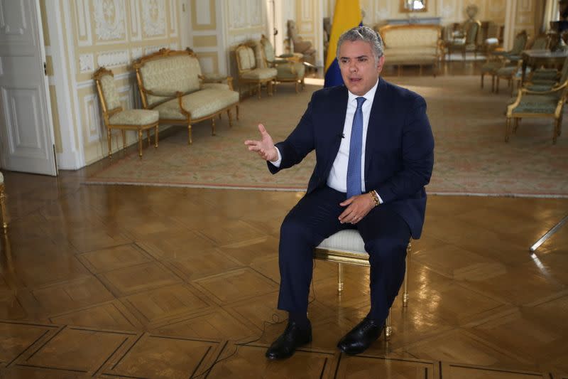 Colombia's President Ivan Duque speaks during an interview with Reuters in Bogota