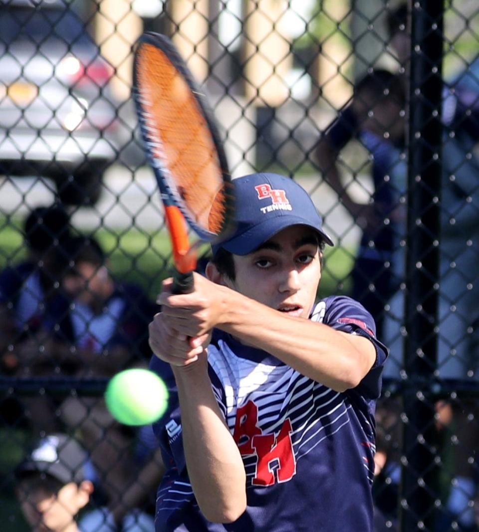 Arel Rivera of Byram Hills competes in the Section 1 boys team tennis championships at Harrison High School March 25, 2022.