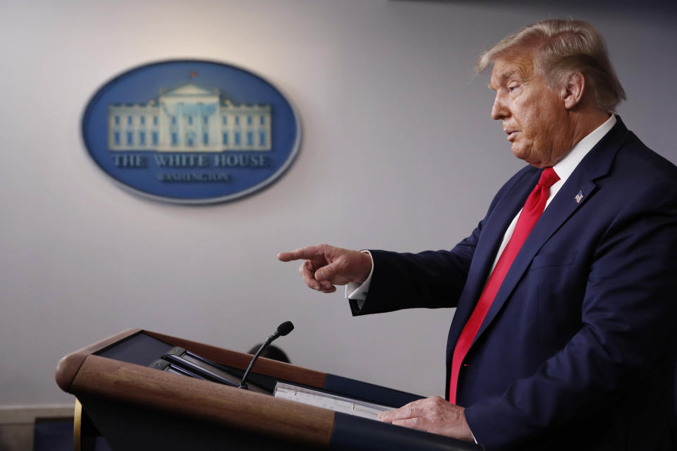 President Donald Trump speaks during a briefing with reporters in the James Brady Press Briefing Room of the White House, Monday, Aug. 3, 2020, in Washington.(AP Photo/Alex Brandon)