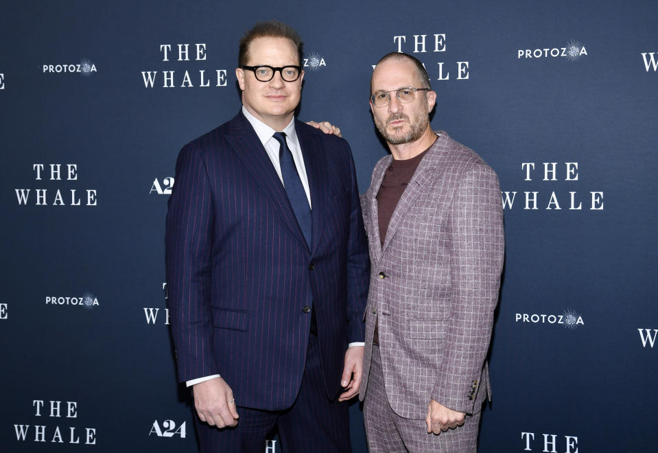 Actor Brendan Fraser, left, and director Darren Aronofsky attend the premiere of "The Whale" at Alice Tully Hall on Tuesday, Nov. 29, 2022, in New York. (Photo by Evan Agostini/Invision/AP)