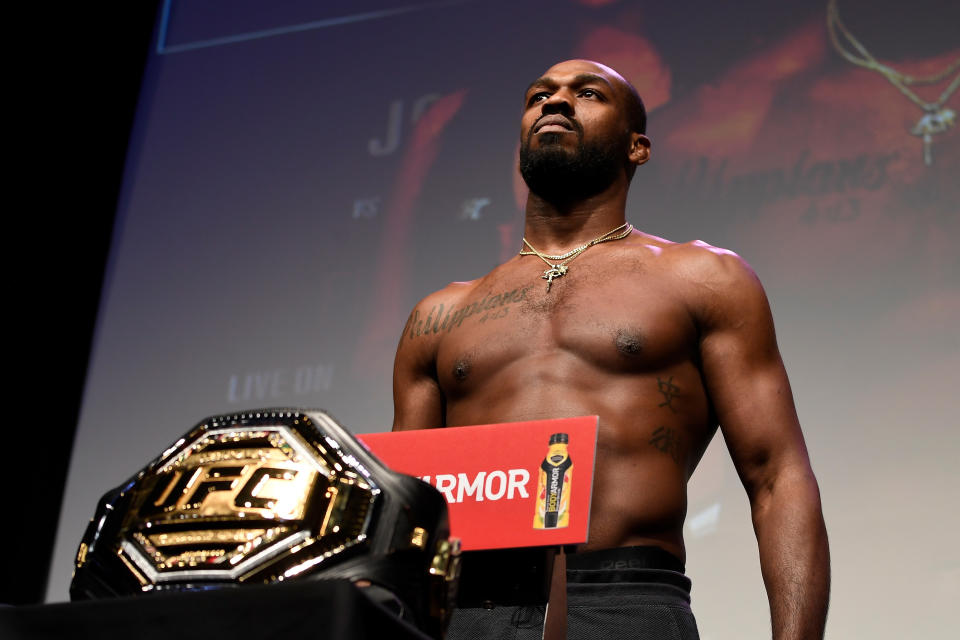 HOUSTON, TX - FEBRUARY 07:  Jon Jones poses on the scale during the UFC 247 ceremonial weigh-in at the Toyota Center on February 7, 2020 in Houston, Texas. (Photo by Mike Roach/Zuffa LLC via Getty Images)