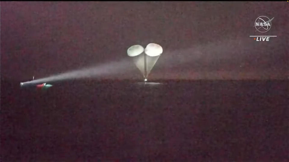 The Crew-5 Dragon Endurance splashed down within a few hundred yards of SpaceX recovery crews after a fiery descent visible for hundreds of miles around. Splashdown near Tampa, Florida, wrapped up a space station mission spanning 157 days and 10 hours since launch last October. / Credit: NASA/SpaceX