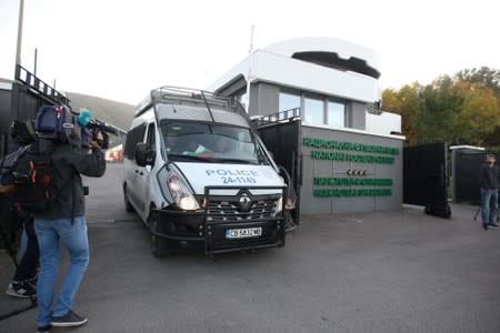 A police vehicle is seen outside the headquarters of the Bulgarian Football Union in Sofia, Bulgaria