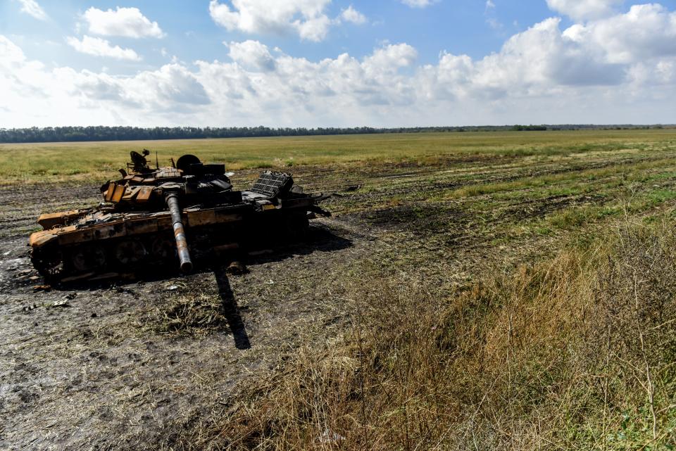 A destroyed Russian tank in Kharkiv region, northeast Ukraine. (EPA)