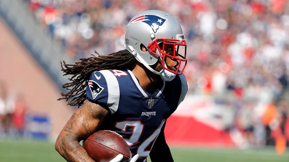 Mandatory Credit: Photo by AP/REX/Shutterstock (9100101ih)New England Patriots cornerback Stephon Gilmore runs back an interception during an NFL football game against the Houston Texans at Gillette Stadium in Foxborough, MassTexans Patriots Football, Foxborough, USA - 24 Sep 2017.