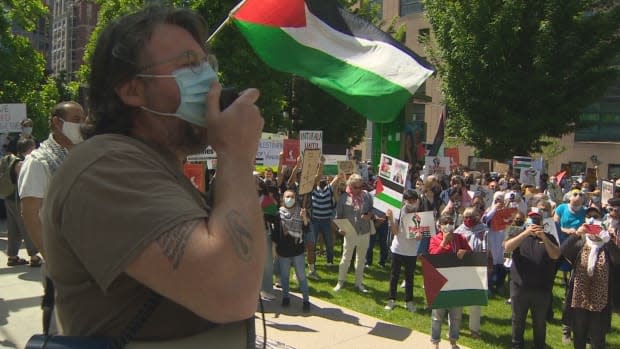 Pro-Palestinian demonstrators gathered in Vancouver on Saturday.