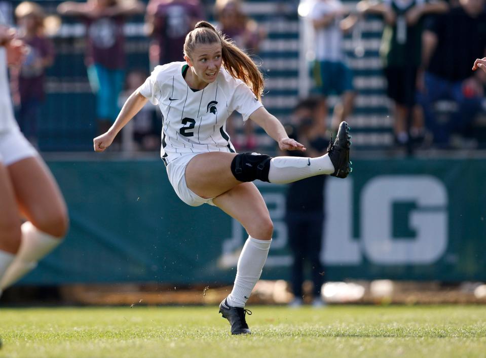 Michigan State's Lauren DeBeau watches her game-winning goal against Rutgers, Sunday, Oct. 23, 2022, in East Lansing.