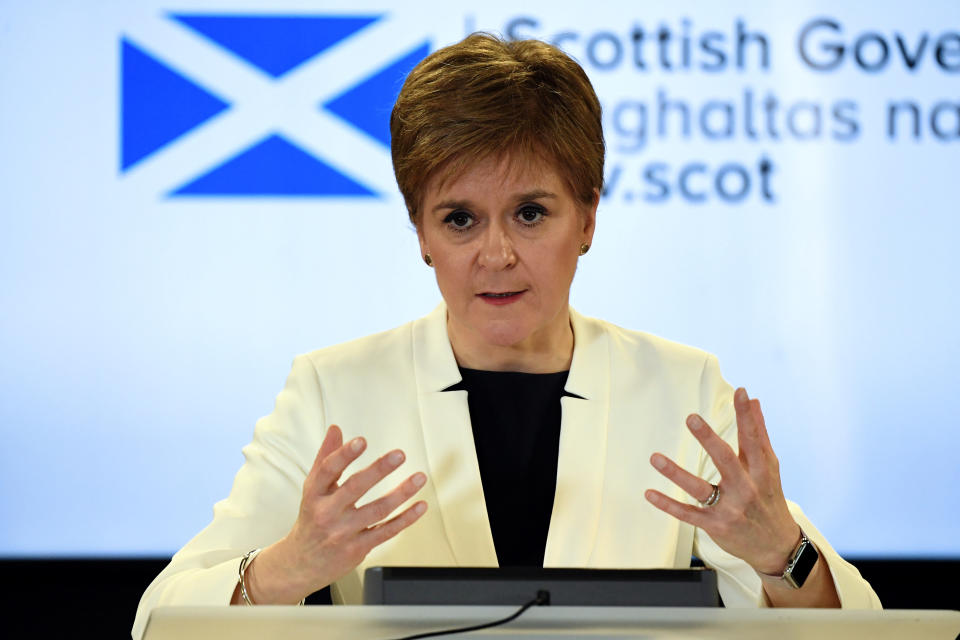 Scotland's First Minister Nicola Sturgeon holds a news conference on coronavirus disease (COVID-19) in Edinburgh, Scotland, Britain March 22, 2020.  Andy Buchanan/Pool via REUTERS