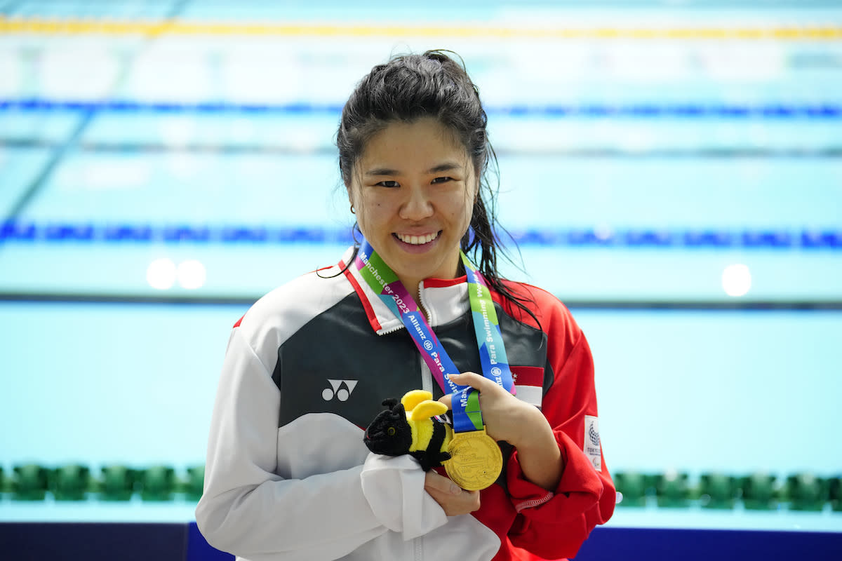 Yip Pin Xiu with her gold medal in the women's 100m backstroke S2 event at the 2023 Para Swimming World Championships in Manchester. (PHOTO: Jon Super)


