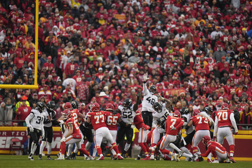 Kansas City Chiefs place kicker Harrison Butker (7) kicks a field goal against the Jacksonville Jaguars during the first half of an NFL divisional round playoff football game, Saturday, Jan. 21, 2023, in Kansas City, Mo. (AP Photo/Jeff Roberson)