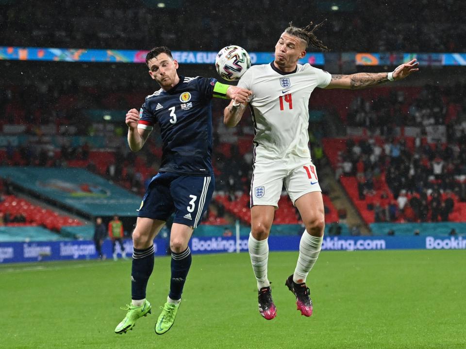 Andrew Robertson and Kalvin Phillips battle for possession (Getty)