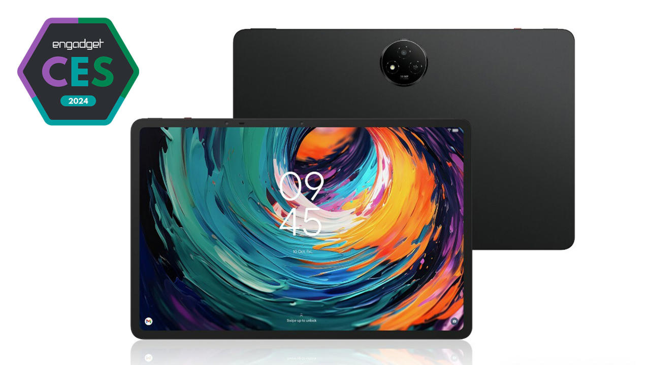 An image with a badge for Engadget Best of CES 2024 showing the product: TCL NXTPAPER 14 Pro tablet-like device with two models overlapped. One tablet shows its display and the rear version showing off the back side of the device.