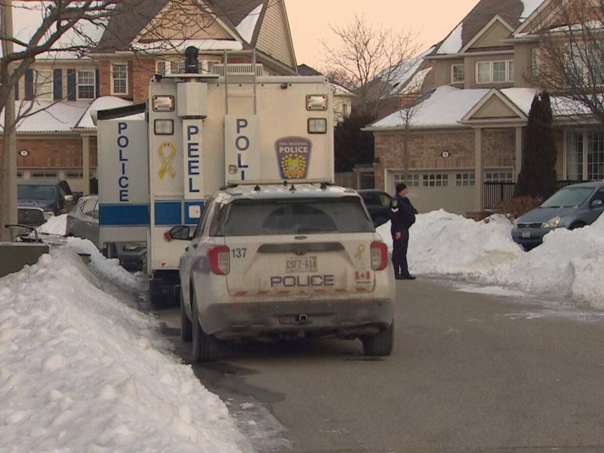 Peel police were called to the residential area of Red Castle and Kershaw streets in Brampton at around 2:10 a.m. Thursday for a wellness check of two people inside a vehicle. (CBC - image credit)