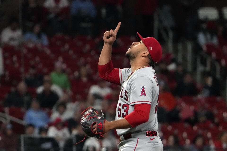 Los Angeles Angels relief pitcher Carlos Estevez celebrates after striking out St. Louis Cardinals' Tyler O'Neill to end a baseball game Tuesday, May 2, 2023, in St. Louis. The Angles won 5-1. (AP Photo/Jeff Roberson)