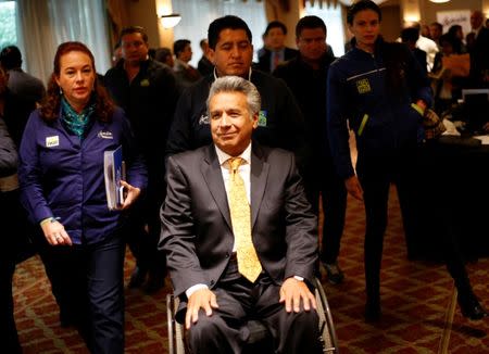 Lenin Moreno, presidential candidate of the ruling PAIS Alliance Party, arrives to gives a speech to the media in Quito, Ecuador March 27, 2017. REUTERS/Henr y Romero