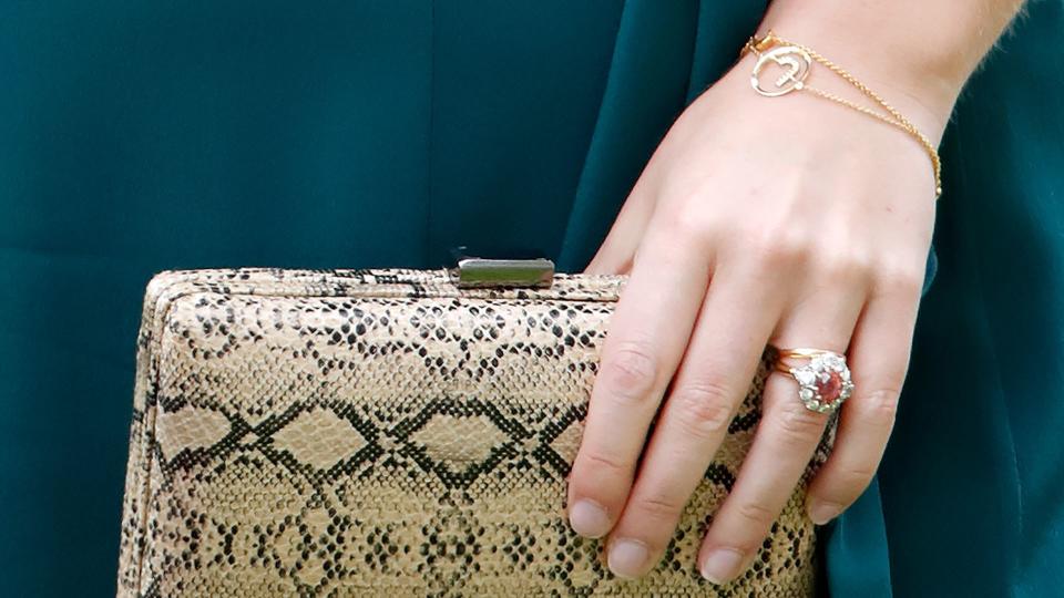 Close-up of Princess Eugenie's engagement and wedding rings