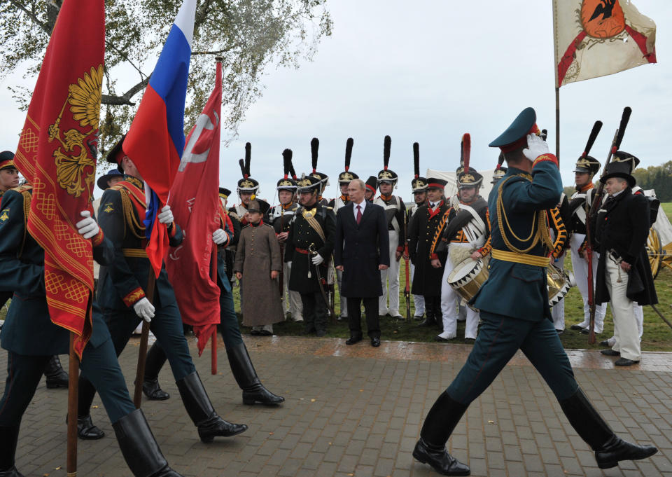 Russia's President Vladimir Putin attends a ceremony of staged battle re-enactment to mark the 200th anniversary of the battle of Borodino, in Borodino, about 110 km (70 miles) west of Moscow, Sunday, Sept. 2, 2012. Russia marks on Sunday the 200th anniversary of the Battle of Borodino which in 1812 was the largest and bloodiest single-day action of the French invasion of Russia. (AP Photo/RIA-Novosti, Alexei Nikolsky, Presidential Press Service)