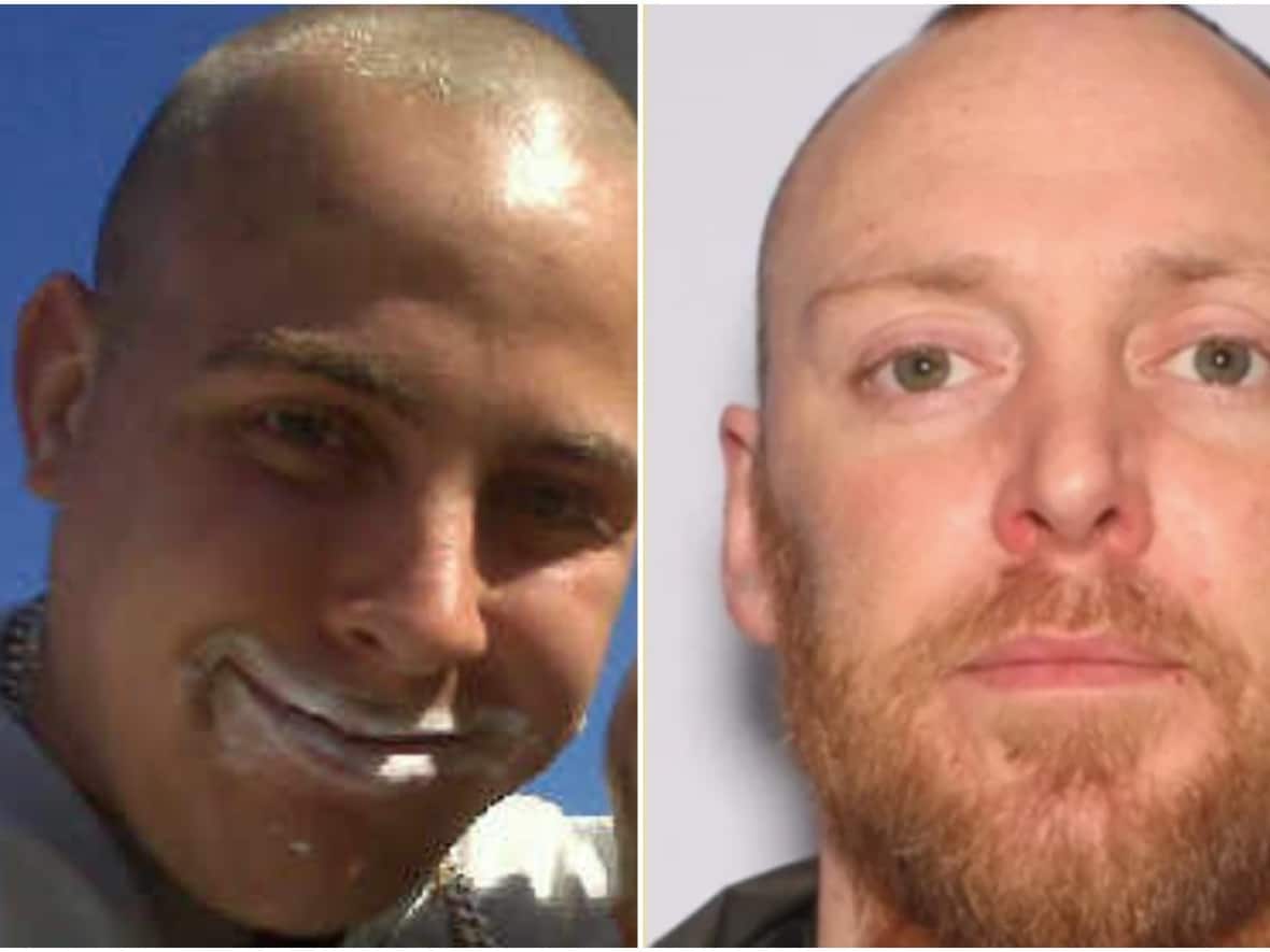 Both Duncan Bailey of Kamloops, B.C., and Gene Karl Lahrkamp of Kincardine, Ont., from left, were wanted on charges related to gang murder and attempted murder at the time of a fatal plane crash in northwestern Ontario in April. The pilot and another passenger also died. (Duncan Bailey/Facebook, BOLO Top 25/CFSEU BC - image credit)