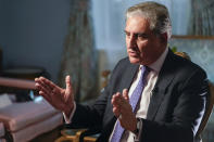 Pakistan's Foreign Minister Shah Mehmood Qureshi speaks during an interview with The Associated Press, Wednesday, Sept. 22, 2021, in New York. (AP Photo/Mary Altaffer)