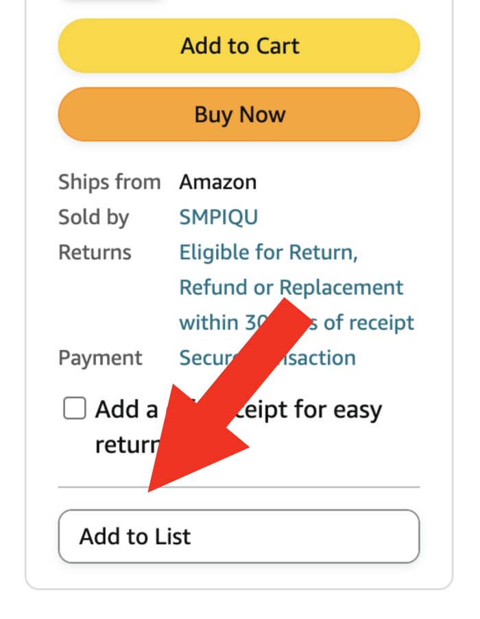 add to list button on an Amazon product page