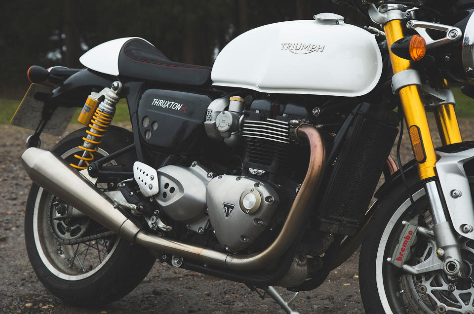 <div><p>Triumph doesn’t publish a top speed for the Thruxton R but it’d be around <strong>135mph </strong>– or about <strong>45mph </strong>beyond the point at which your arms start to hurt and you feel you’re about to get blown off the back of the saddle.</p></div><p>There are Rain, Road and Sport ridng modes, but the engine’s power delivery is so smooth that even Sport, with its quicker throttle response, is fine on a wet road.</p>