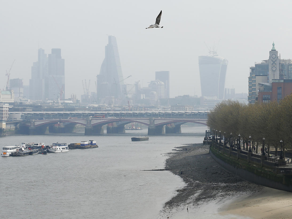 A seagull flies above the smog-filled skyline of the City of London: Reuters