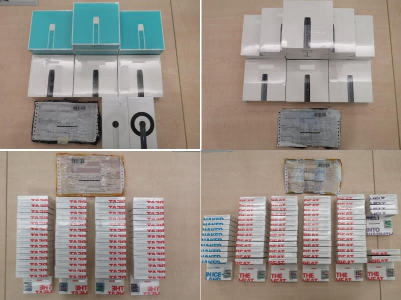 Seized e-vaporisers and e-liquid cartridges from parcels intercepted on 7 November. (PHOTO: Health Sciences Authority/Immigration and Checkpoints Authority)