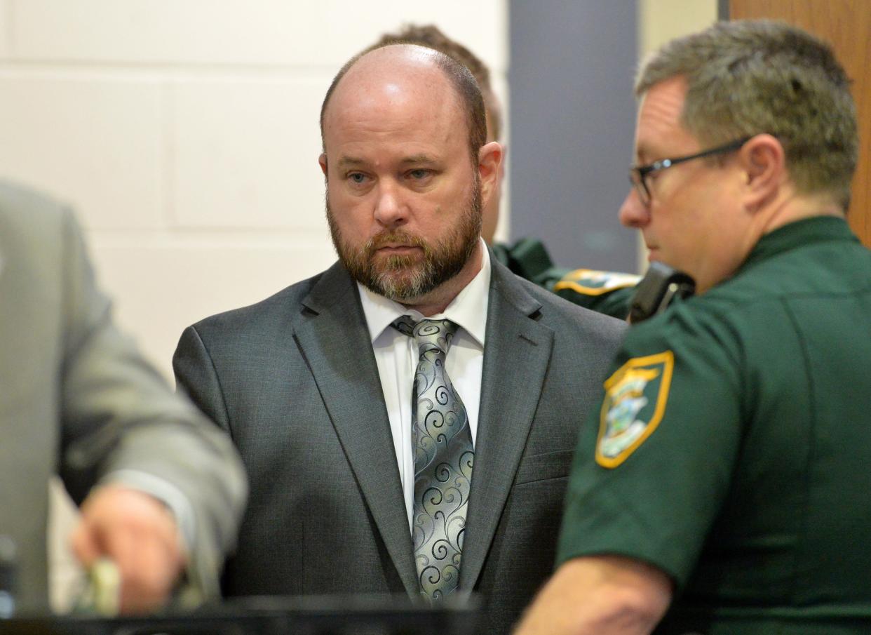 Robert Knowlton enters the courtroom Wednesday, Jan. 24, 2024 at the Judge Lynn N. Silvertooth Judicial Center in Sarasota. Knowlton is charged with running a red light and causing a crash on the Laurel Rd. overpass at I-75 on Nov. 11, 2021. Knowlton is accused of fleeing the scene of the crash that killed one man and seriously injured another. His driver's license was suspended at the time of the crash.