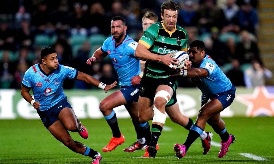 <span>James Ramm breaks away to score Northampton’s first try against Bulls.</span><span>Photograph: Adam Davy/PA</span>