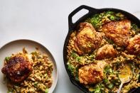 It's a <a href="https://www.epicurious.com/ingredients/our-25-top-rated-chicken-recipes-gallery?mbid=synd_yahoo_rss" rel="nofollow noopener" target="_blank" data-ylk="slk:chicken dinner" class="link rapid-noclick-resp">chicken dinner</a>. It's a pasta dinner. It's both! In this soul-satisfying recipe, orzo is cooked in the drippings from roasted chicken thighs in a comforting and impressive one-skillet dish that will start the week off right. <a href="https://www.epicurious.com/recipes/food/views/one-skillet-baked-chicken-thighs-with-orzo-and-fennel?mbid=synd_yahoo_rss" rel="nofollow noopener" target="_blank" data-ylk="slk:See recipe." class="link rapid-noclick-resp">See recipe.</a>