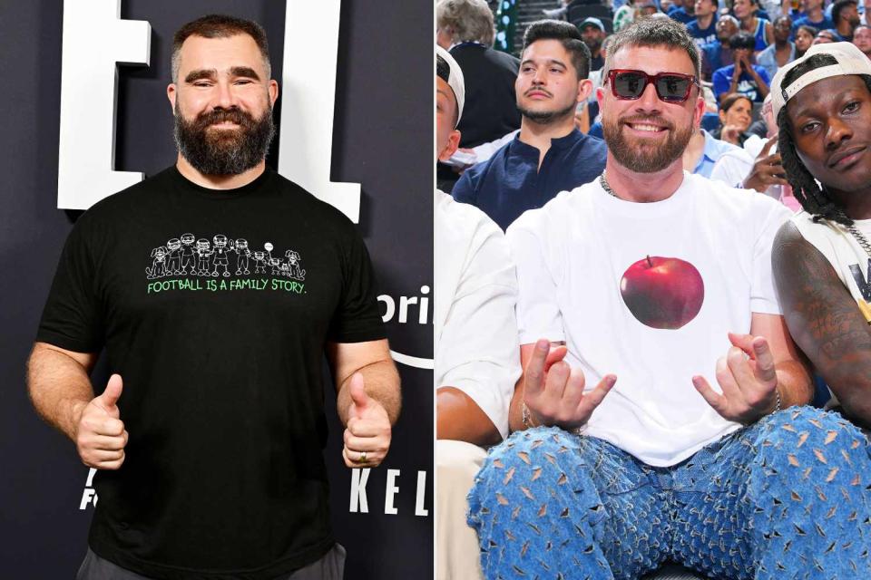 <p>Lisa Lake/Getty Images for Prime Video; Jesse D. Garrabrant/NBAE via Getty</p> Jason Kelce; Travis Kelce in ripped jeans