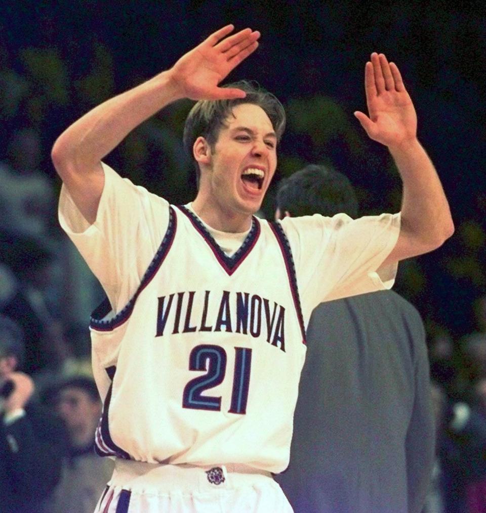 Villanova's Brian Lynch celebrates after the Wildcats defeated Pittsburg after double-overtime in their Big East Championship game at Madison Square Garden in New York City on March 4, 1997.