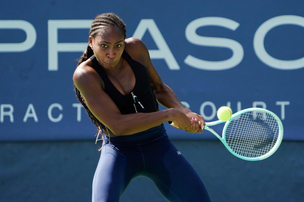 Coco Gauff practices at the Cincinnati Open, Monday, Aug. 12, 2024, at the Lindner Family Tennis Center in Mason.