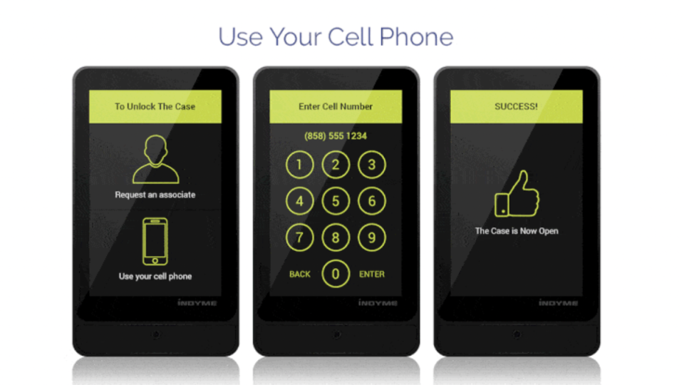 Stores are now testing a security tool that lets customers use their cell phone to unlock products on the shelf. The touch screen, called the “Freedom Case,” allows customers to use their cell phone number, a retailer’s app, or a store loyalty card to unlock a display case and access locked merchandise. - From Indyme, LLC