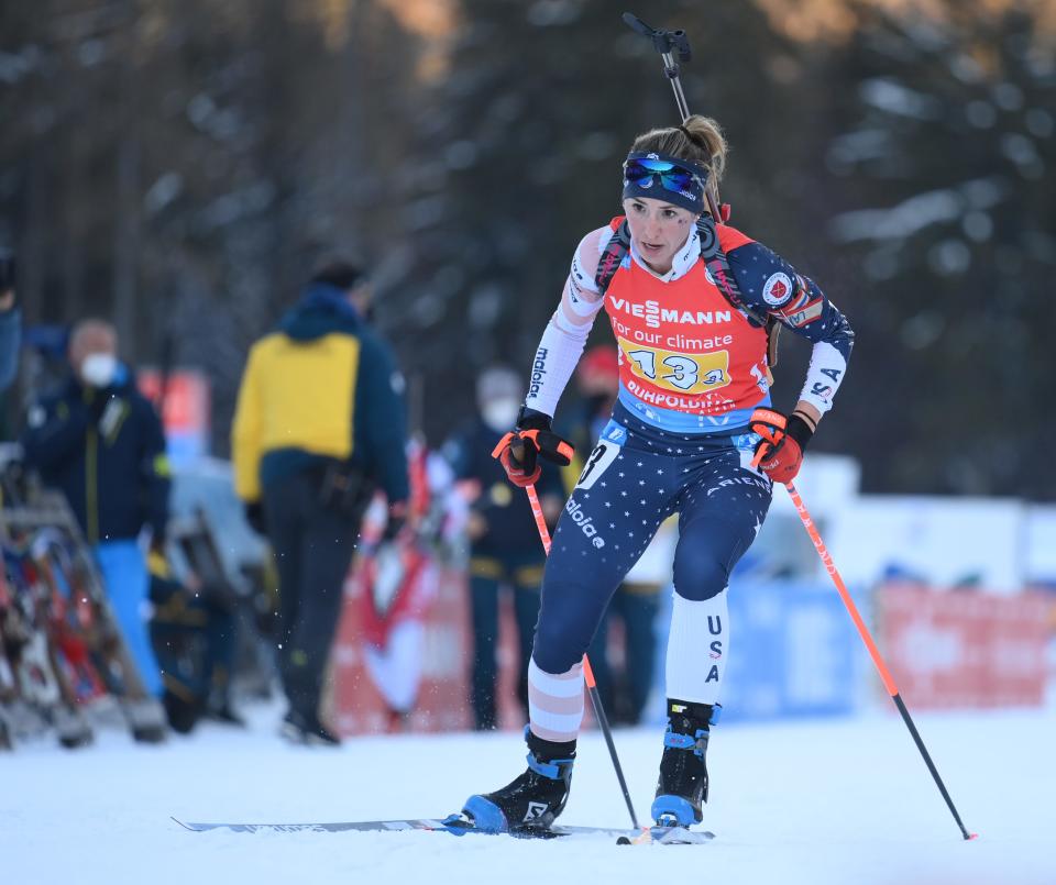 USA's Deedra Irwin competes during the Women's 4x6 km Relay Competition at the IBU World Cup Biathlon Ruhpolding at Chiemgau Arena on Jan. 14, 2022 in Ruhpolding, Germany. (Photo by Sebastian Widmann/Getty Images)