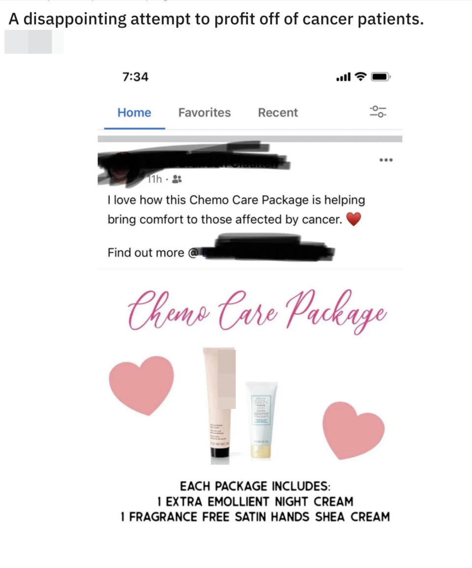 Someone saying their chemo care package is helping people with cancer, then linking out to a website advertising the products in the care package