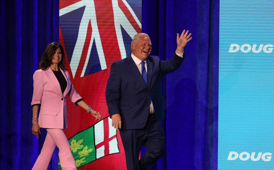 TORONTO, ON- JUNE 2 - Doug Ford and his spouse Karla gives his victory speech at the headquarters for Progressive Conservative leader Doug Ford wins his second term as Premier of Ontario with a majority at the Toronto Congress Centre in Toronto. June 2, 2022. (Steve Russell/Toronto Star via Getty Images)