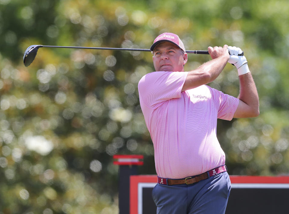 Dickey Pride tees off on the first hole during the final round of the PGA Tour Champions’ Mitsubishi Electric Classic golf tournament at TPC Sugarloaf on Sunday, May 16, 2021, in Duluth, Ga. (Curtis Compton/Atlanta Journal-Constitution via AP)