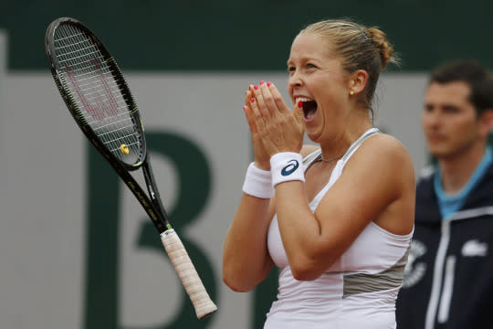 <p>Irina-Camelia Begu of Romania v. Shelby Rogers of the U.S. at the French Open in Paris. Shelby Rogers celebrates. <em>(Reuters/Pascal Rossignol)</em> </p>