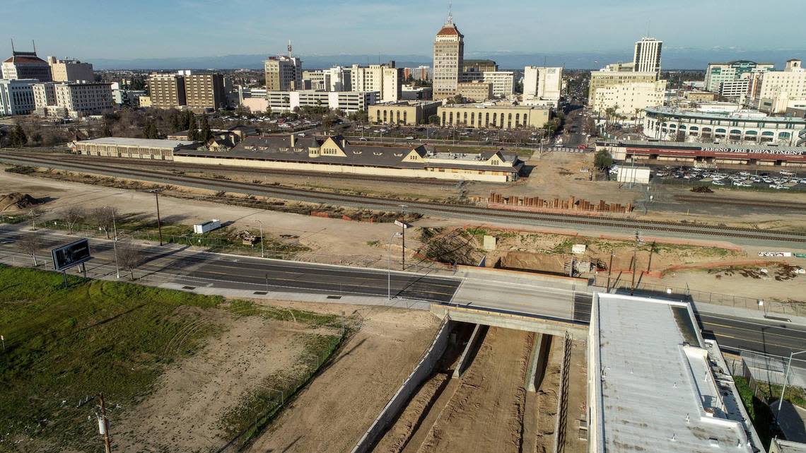 Tulare Street remains closed to traffic as an underpass between G and H street is constructed between downtown Fresno and Chinatown for California’s High-Speed Rail project on Friday, Feb. 17, 2023.