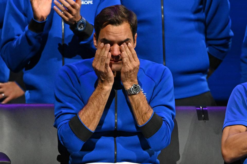 Switzerland's Roger Federer sheds a tear after playing his final match, a doubles with Spain's Rafael Nadal of Team Europe against USA's Jack Sock and USA's Frances Tiafoe of Team World in the 2022 Laver Cup at the O2 Arena in London, early on September 24, 2022. - Roger Federer brings the curtain down on his spectacular career in a 