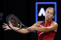 Madison Keys of the U.S. reacts after losing a point to Ash Barty of Australia during their semifinal match at the Australian Open tennis championships in Melbourne, Australia, Thursday, Jan. 27, 2022. (AP Photo/Hamish Blair)